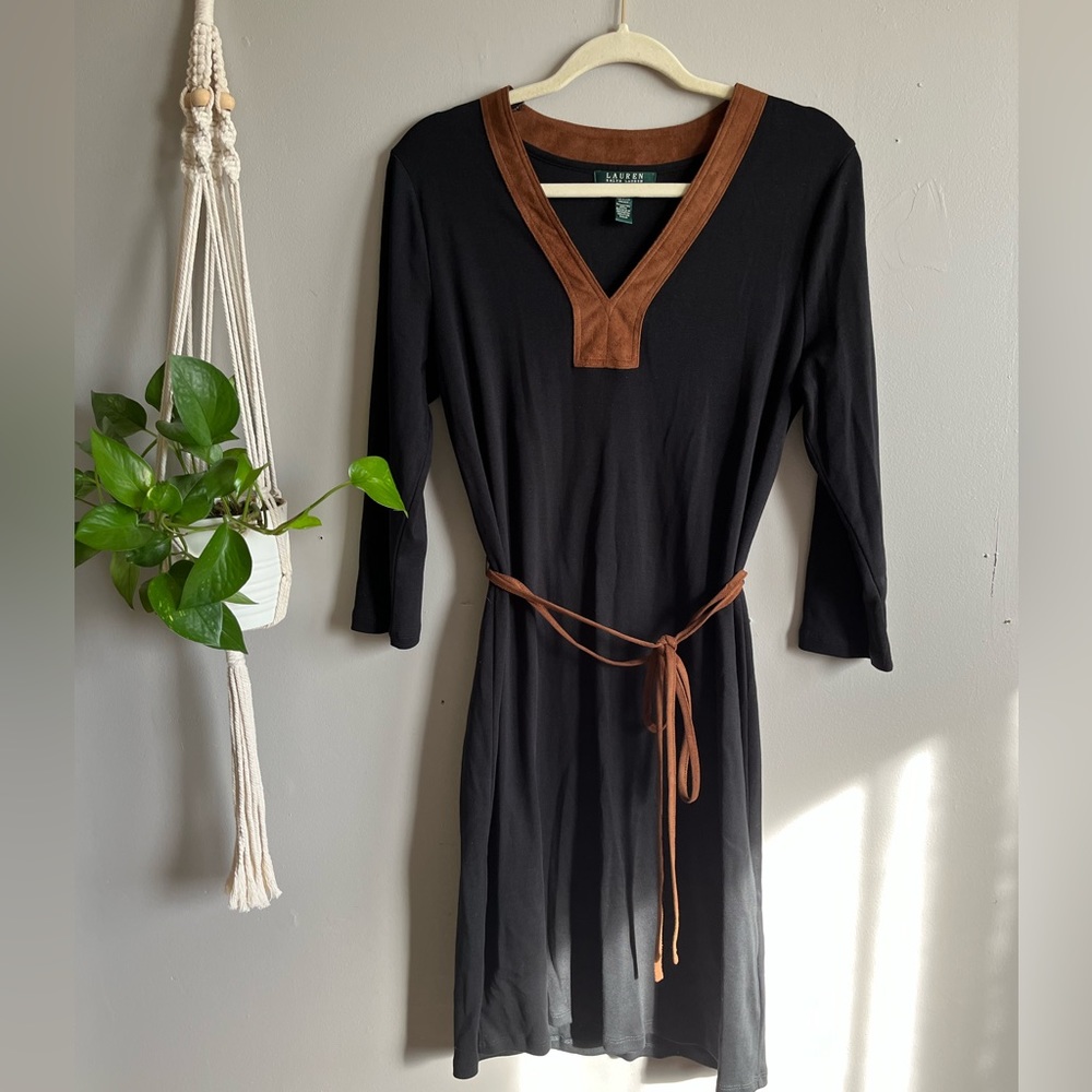 Lauren Ralph Lauren black  belted midi dress size large